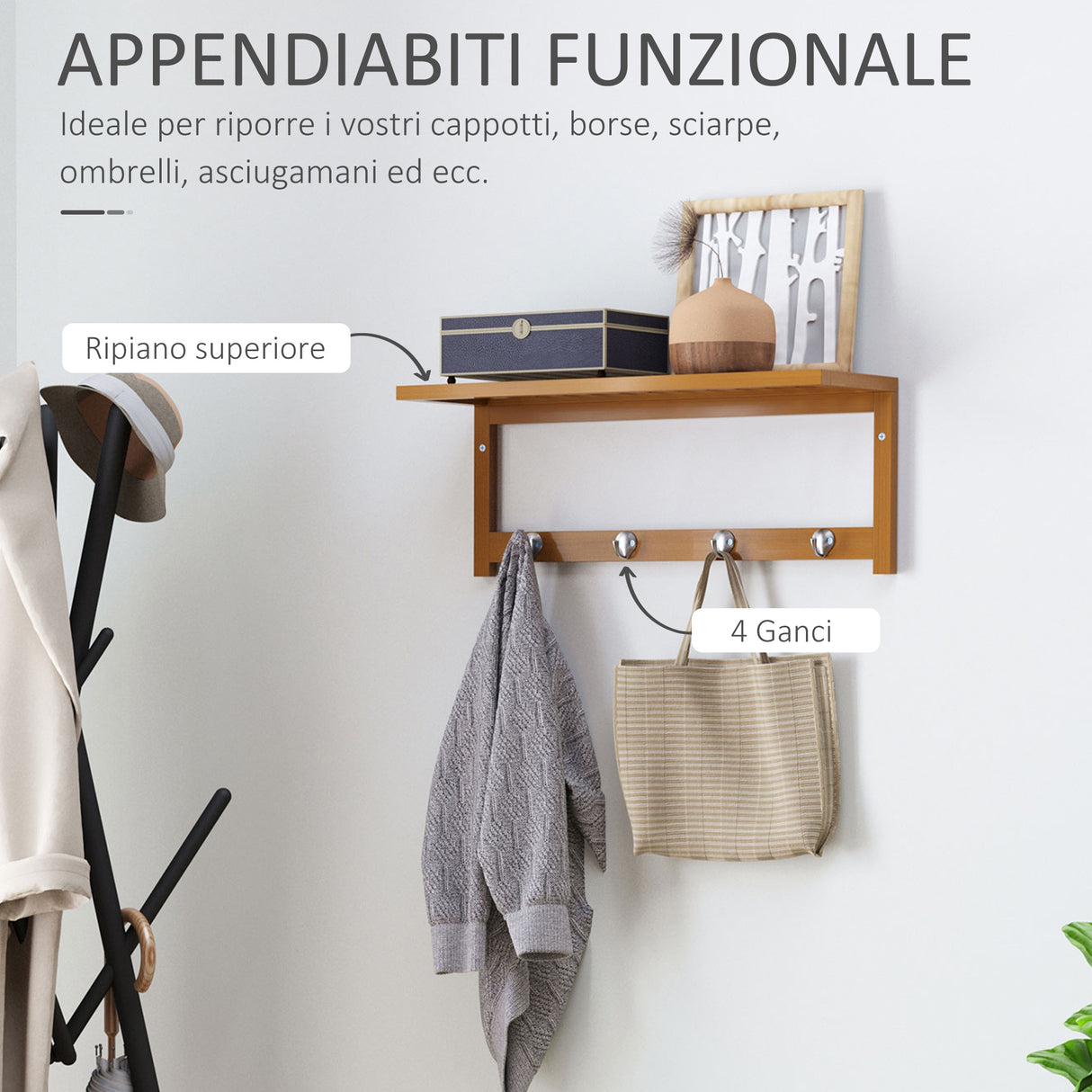 easycomfort easycomfort appendiabiti con mensola attaccapanni a parete con ripiano bambu 50 16 17 5cm ean 8054111840262