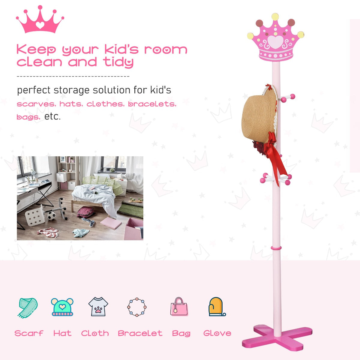 immagine-6-easycomfort-easycomfort-appendiabiti-da-terra-per-cameretta-bambini-in-legno-rosa-con-8-ganci-e-design-a-forma-di-corona-35-x-35-x-142cm