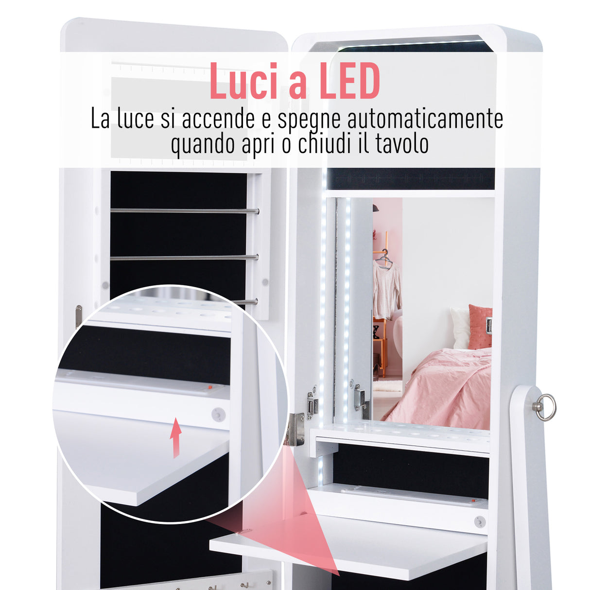 easycomfort easycomfort armadio portagioie portagioielli con specchio regolabile e illuminazione led legno bianco 30x146x36 cm