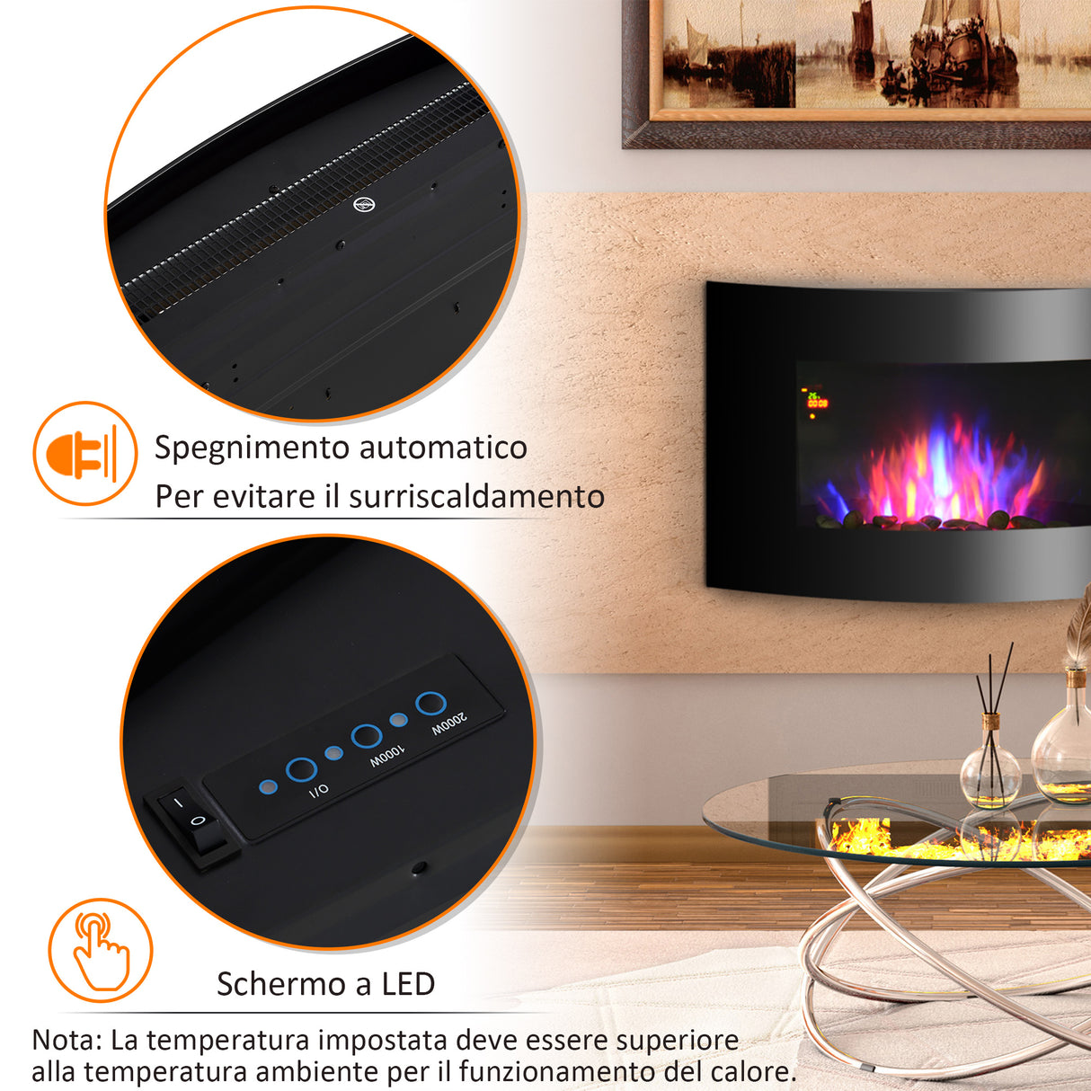 easycomfort easycomfort caminetto elettrico da parete con effetto fiamma colorato con telecomando in acciaio inox e vetro 65x11 4x52 cm nero ean 8054144139715
