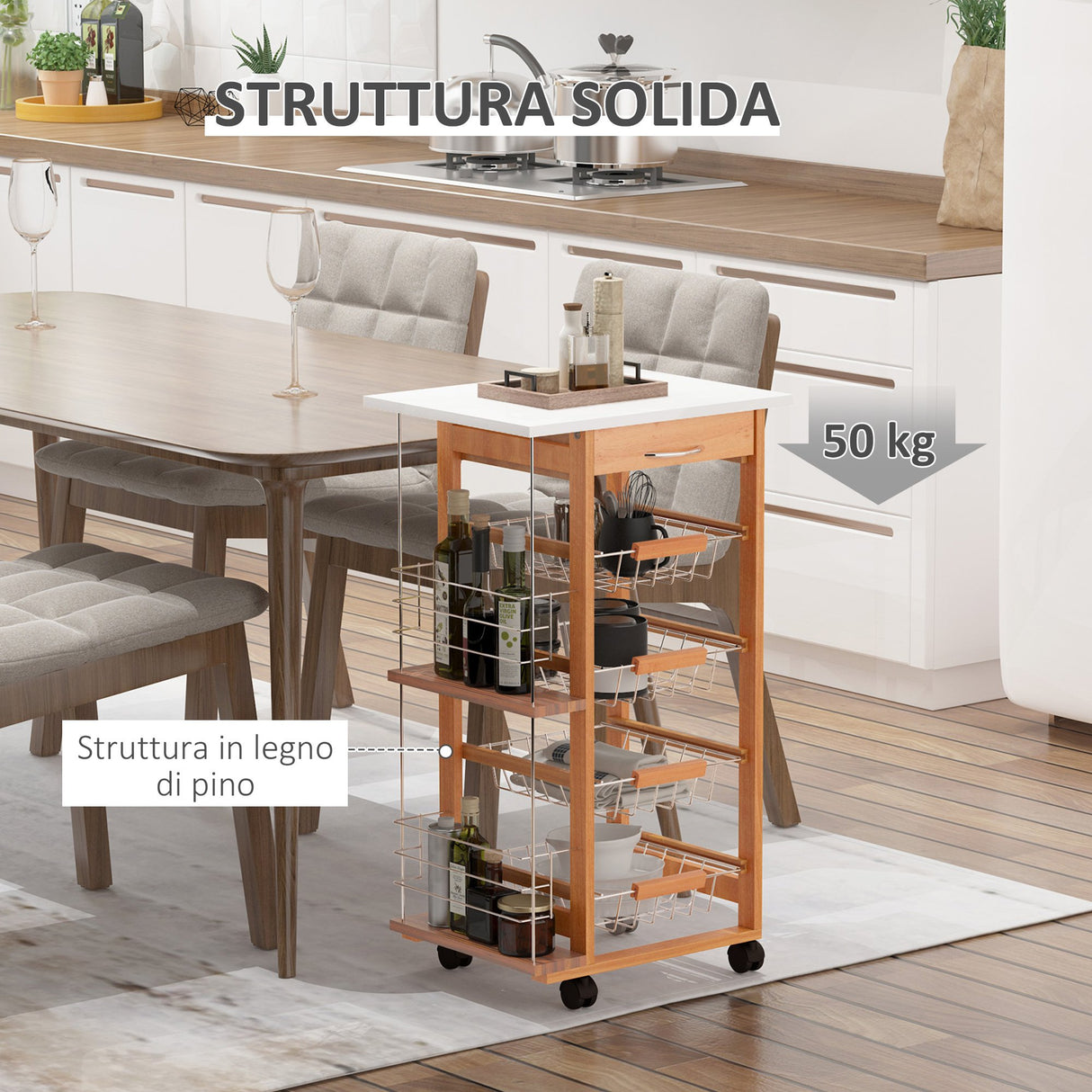 easycomfort easycomfort carrello da cucina in legno marrone con 1 cassetto e 4 cestelli metallici
