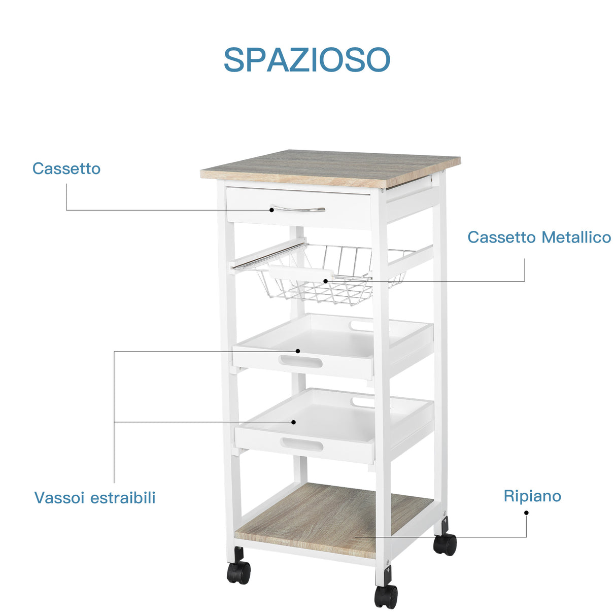 easycomfort easycomfort carrello da cucina salvaspazio in legno di pino e mdf carrello portaoggetti con cassetto cestello 2 vassoi e 4 ruote universale 37x37x82cm bianco ean 8054111844161