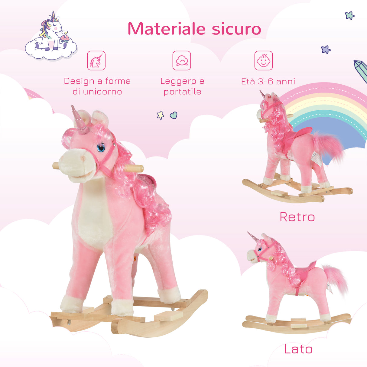 easycomfort easycomfort cavallo a dondolo per bambini 36 72 mesi unicorno a dondolo con suoni in legno e peluche rosa 74x33x62cm