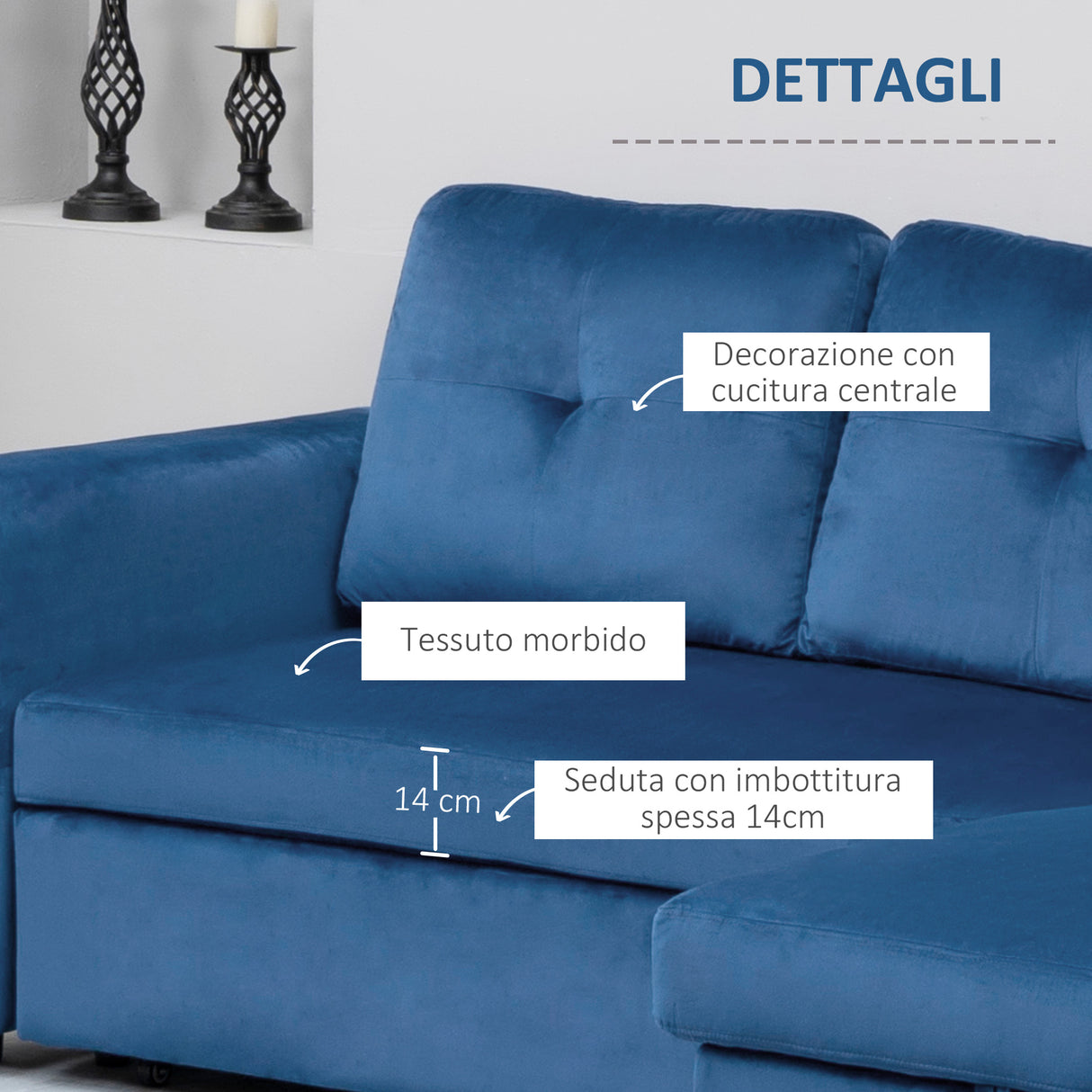 easycomfort easycomfort divano letto angolare 3 posti effetto velluto e chaise longue con contenitore 232x141x85cm blu