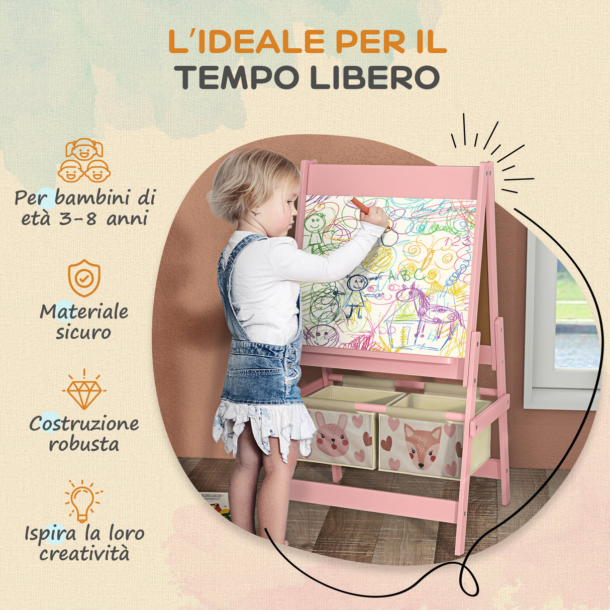 easycomfort easycomfort lavagna per bambini con cavalletto 3 in 1 e 2 contenitori eta 3 8 anni 54x46 5x93cm rosa