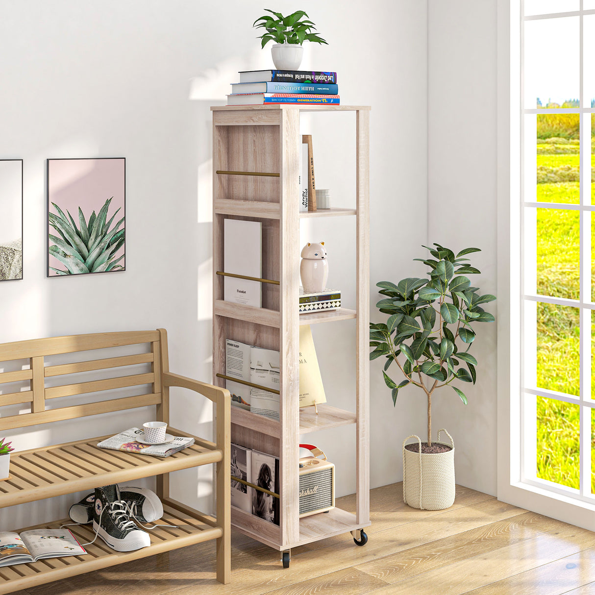 immagine-6-easycomfort-easycomfort-libreria-portariviste-moderna-a-4-ripiani-in-legno-con-rotelle-40x40x150cm-quercia