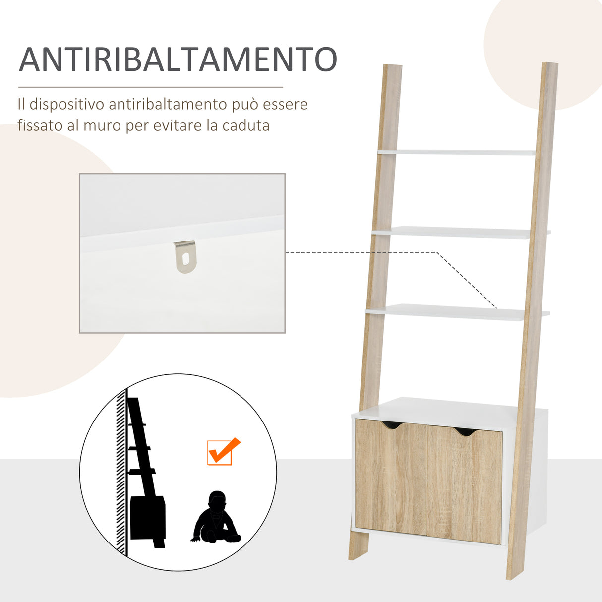 immagine-6-easycomfort-easycomfort-mobile-libreria-a-scala-con-3-mensole-e-armadietto-scaffale-moderno-stile-nordico-in-legno-60x40x171cm-rovere-e-bianco