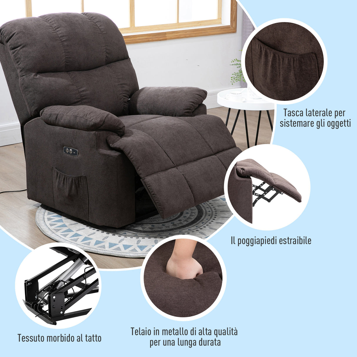 easycomfort easycomfort poltrona elettrica alzapersona reclinabile 150 poltrona relax elettrica in velluto con connettore usb motore telecomando poggiapiedi e tasche laterali per anziani marrone