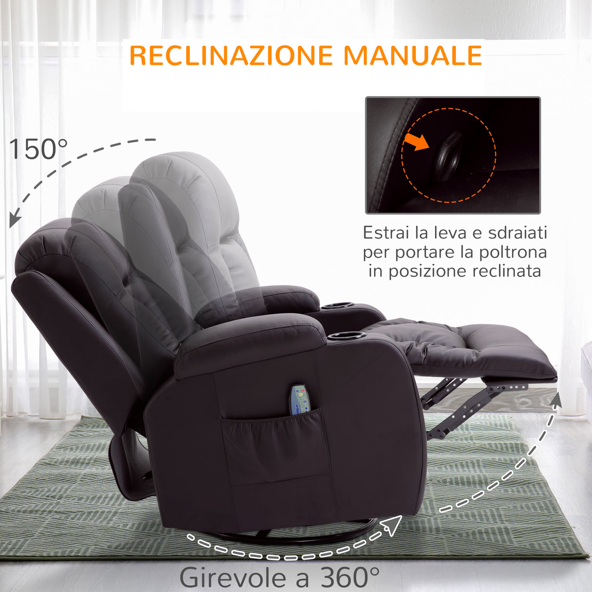 easycomfort easycomfort poltrona relax massaggiante e riscaldata con telecomando 85x94x104cm finta pelle marrone