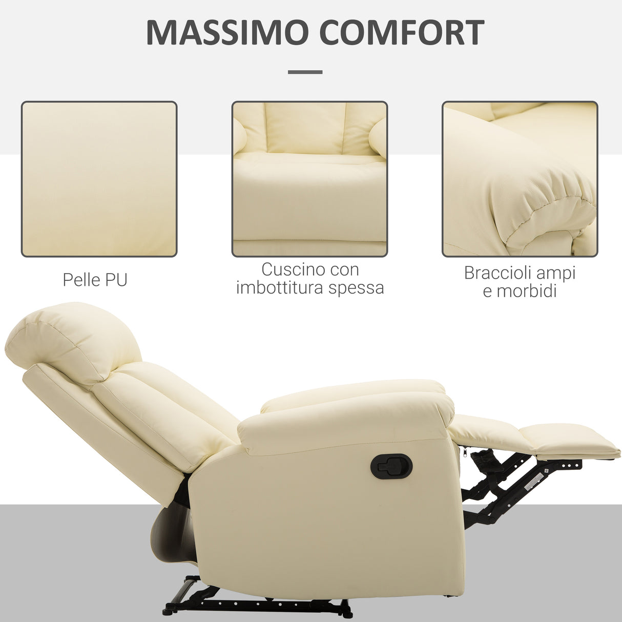 easycomfort easycomfort poltrona relax reclinabile imbottita ergonomica con poggiapiedi pelle pu 80 x 97 x 107cm crema ean 8055776912981