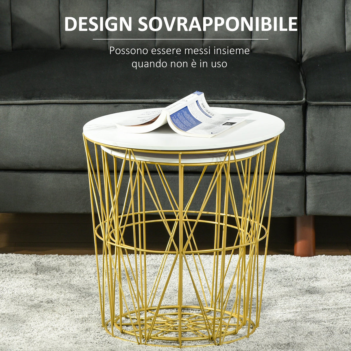 easycomfort easycomfort set 2 tavolini da salotto moderni impilabili con ripiano rimovibile tavolino da caffe con contenitore per soggiorno e camera bianco oro