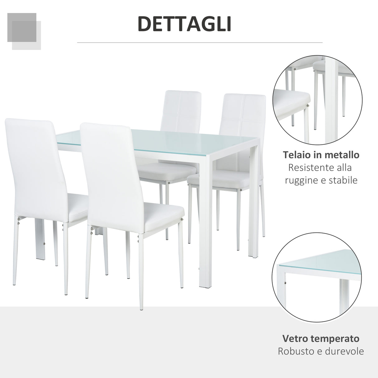 easycomfort easycomfort set 5 pezzi con 1 tavolo e 4 sedie per cucina o sala da pranzo in finta pelle metallo e vetro temperato bianco