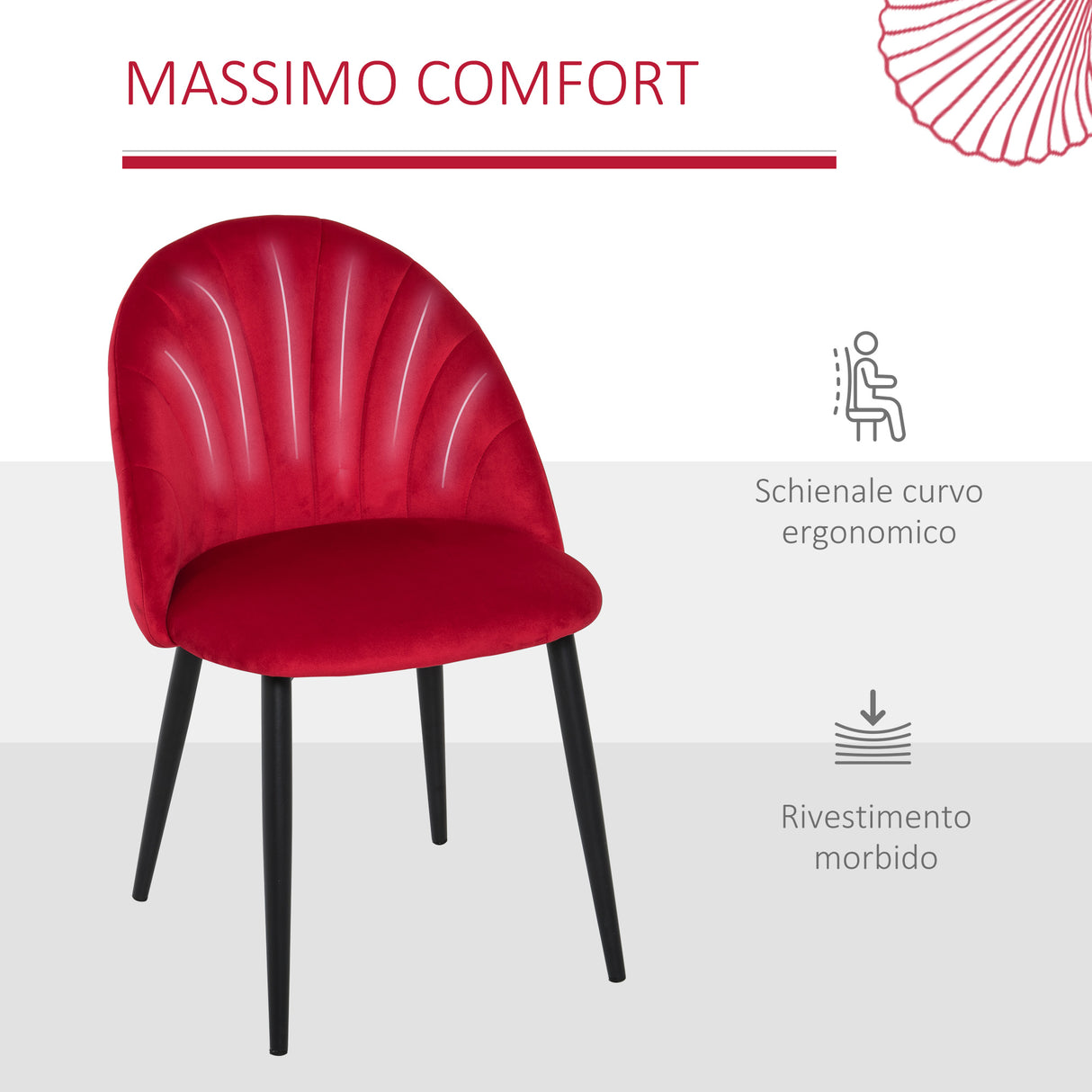 easycomfort easycomfort set di 2 sedie sala da pranzo sedie cucina moderne con schienale a conchiglia e gambe in metallo sedia in velluto con imbottita per cucina camera da letto ufficio e soggiorno rosso ean 8055776912158