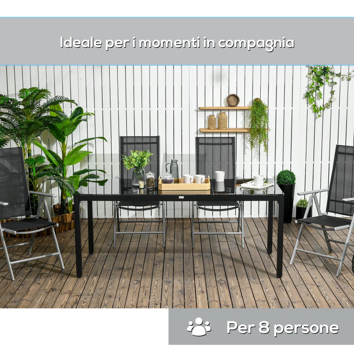 easycomfort easycomfort tavolo da giardino rettangolare per 8 persone in alluminio e vetro 180x80x72cm nero