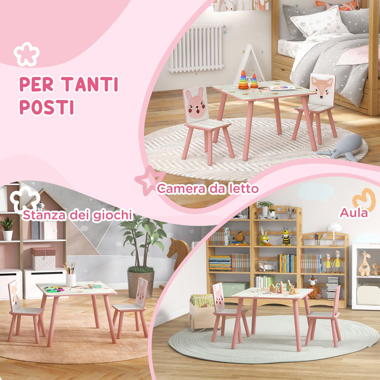 easycomfort easycomfortzonekiz set tavolo e sedie 3 pezzi per bambini 3 8 anni in mdf e legno di pino con disegni di animali rosa