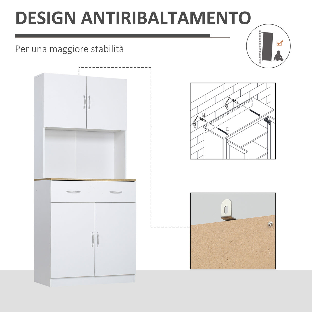 easycomfort easycomfort credenza cucina con armadietti a 2 ante e cassetto in legno 80x40x180cm bianco