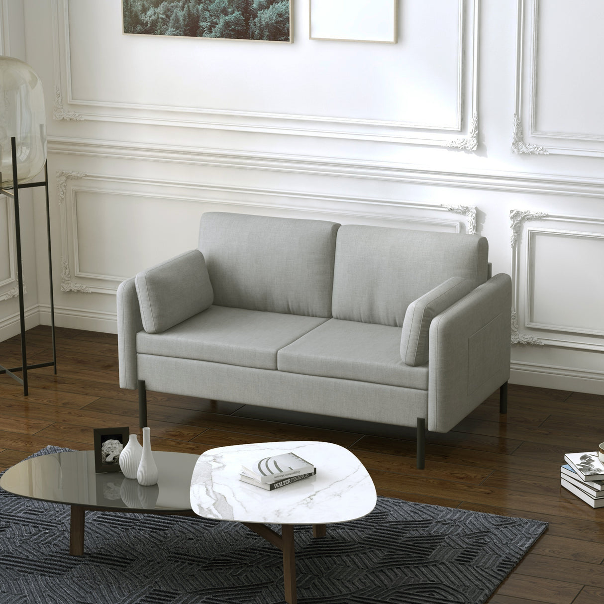 easycomfort easycomfort divano 2 posti per soggiorno in tessuto effetto lino e acciaio con tasche laterali 143x73x77cm grigio