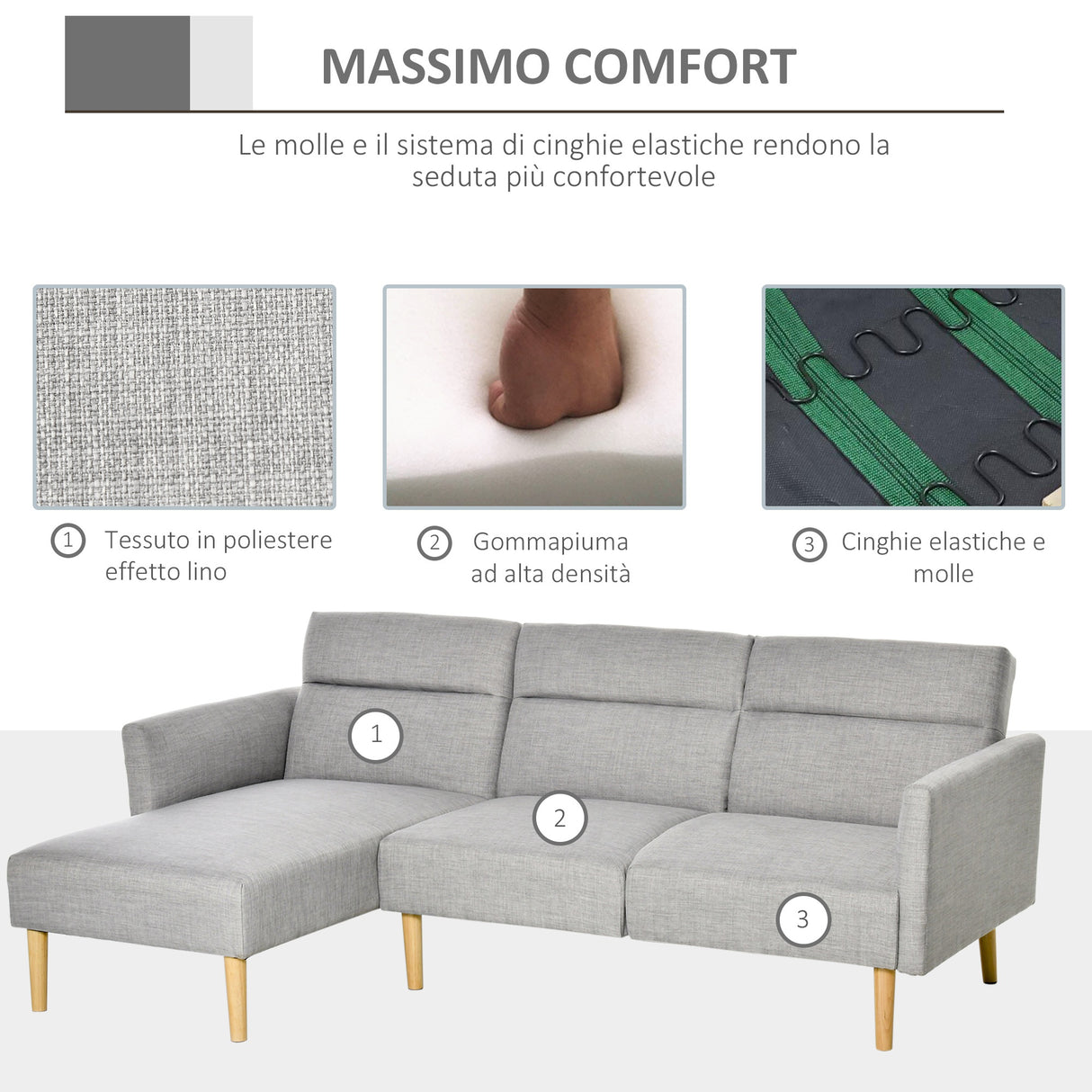 easycomfort easycomfort divano letto 3 posti divano angolare in tessuto grigio con schienale regolabile stile scandinavo 207x146x80cm