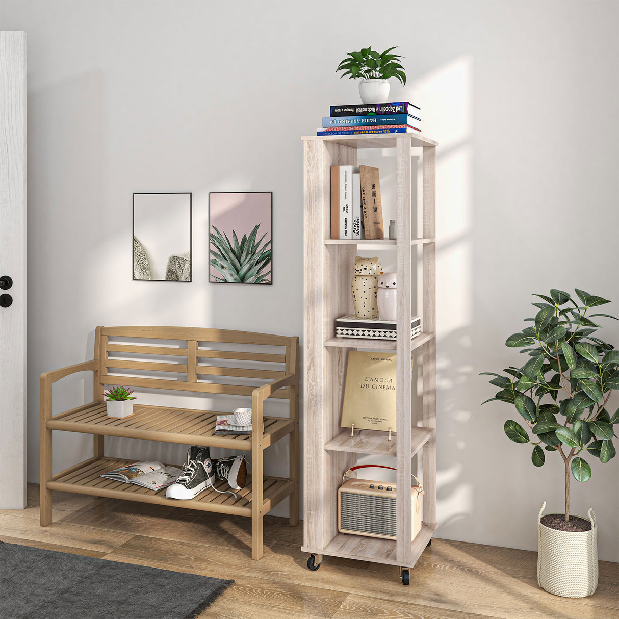 immagine-7-easycomfort-easycomfort-libreria-portariviste-moderna-a-4-ripiani-in-legno-con-rotelle-40x40x150cm-quercia