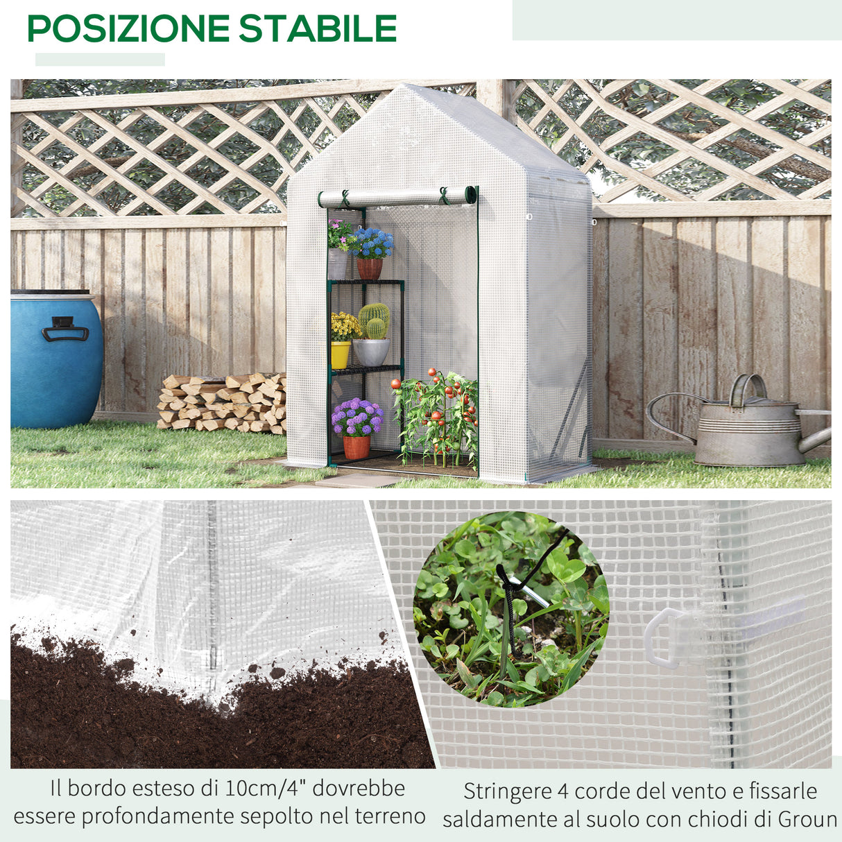 easycomfort easycomfort serra da giardino in pe e acciaio per esterni con 2 scaffali e porta avvolgibile 143x73x195 cm bianco