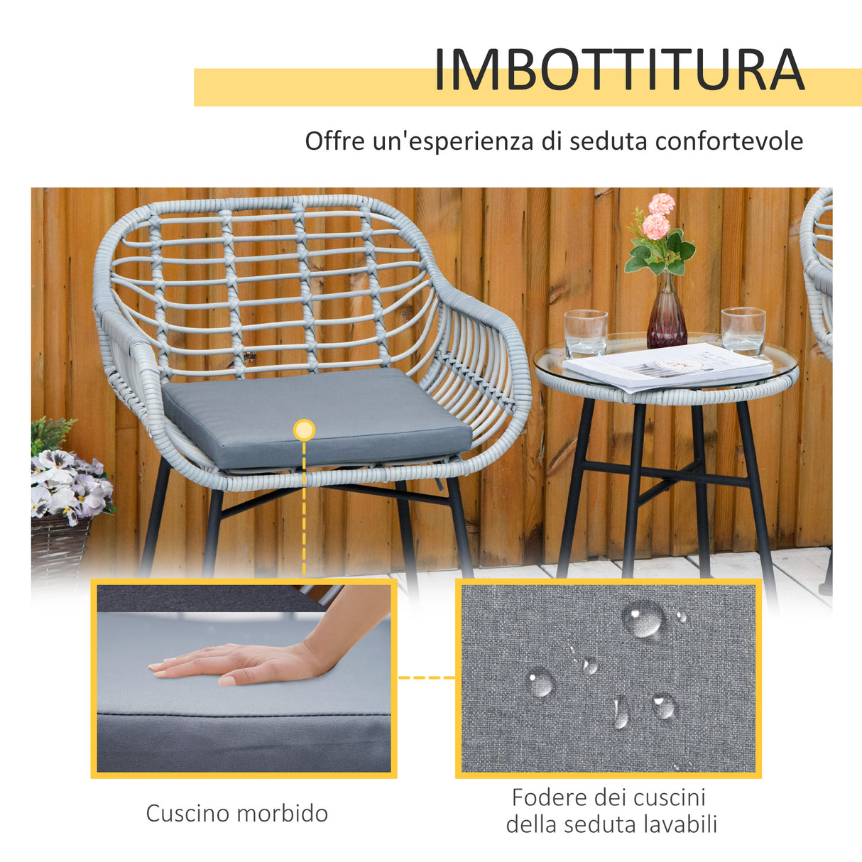 easycomfort easycomfort set mobili da giardino in rattan pe con 2 sedie e tavolino con ripiano in vetro grigio