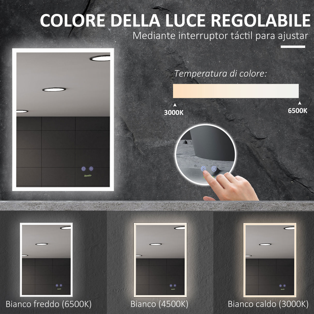 easycomfort easycomfort specchio bagno con luce led funzione anti appannamento e tasti touch 70x50cm argento