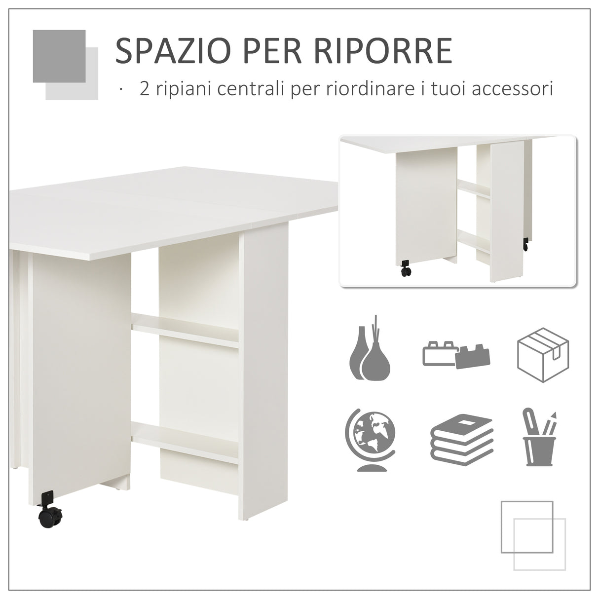 easycomfort easycomfort tavolo pieghevole salvaspazio 2 ripiani inferiori in legno tavolo richiudibile salvaspazio con ruote per 6 persone 75p x 140l x 74h cm bianco ean 8054111849241