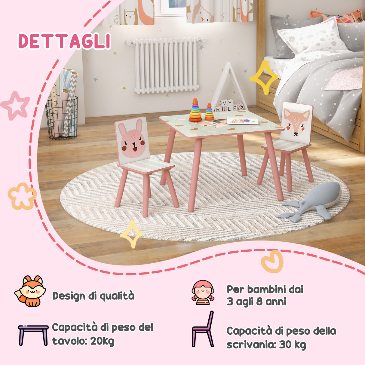 easycomfort easycomfortzonekiz set tavolo e sedie 3 pezzi per bambini 3 8 anni in mdf e legno di pino con disegni di animali rosa