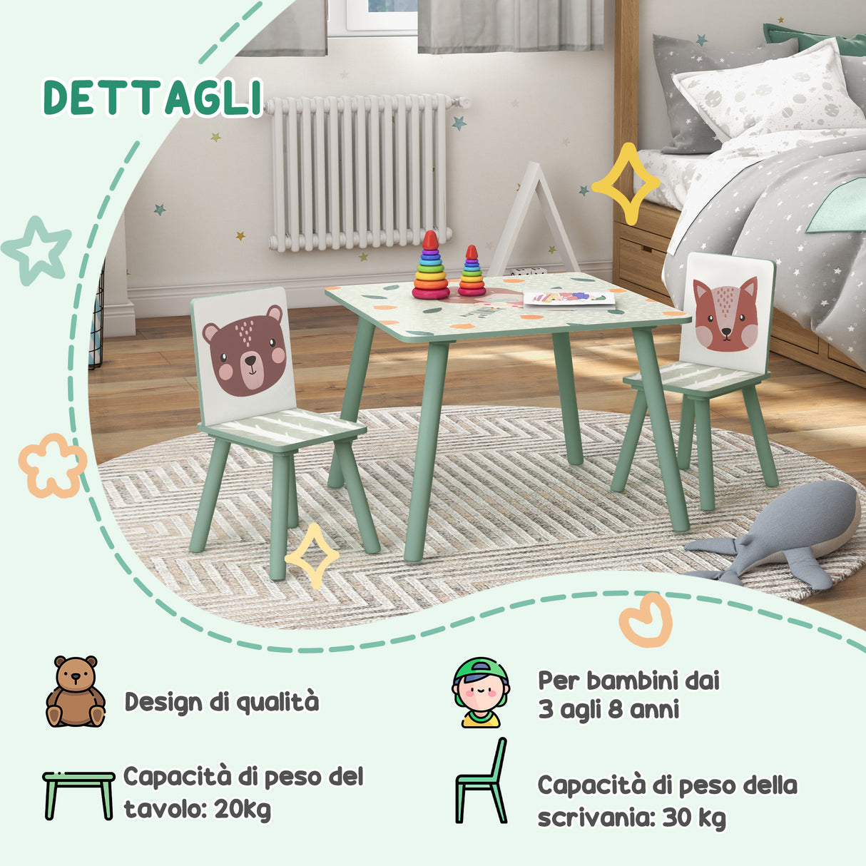 easycomfort easycomfortzonekiz set tavolo e sedie 3 pezzi per bambini 3 8 anni in mdf e legno di pino verde