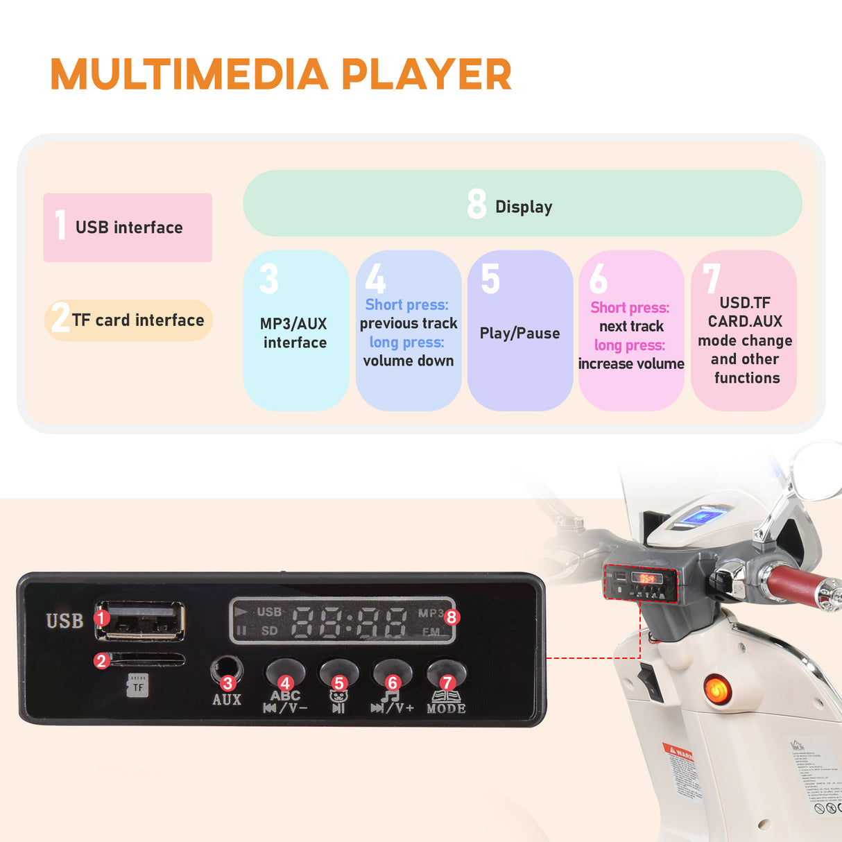 easycomfort easycomfort moto elettrica per bambini con licenza ufficiale vespa 2 rotelle luci e suoni 108x49x75 cm bianca