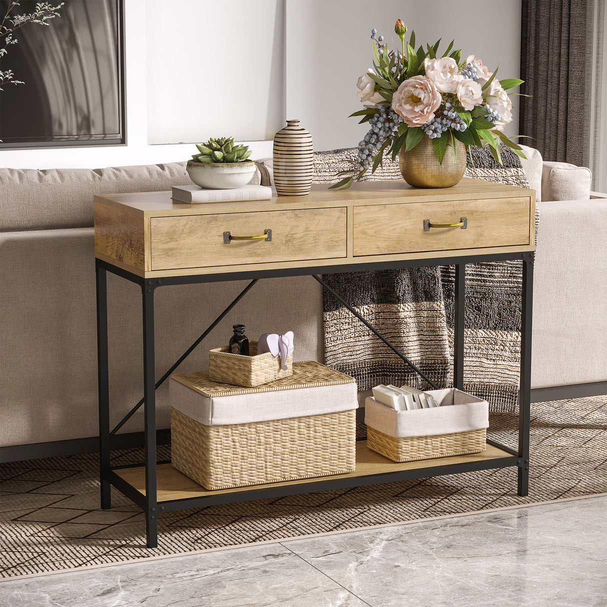 easycomfort easycomfort tavolo consolle stile vintage in metallo e legno con 2 cassetti e mensola 100x35x76 5cm marrone