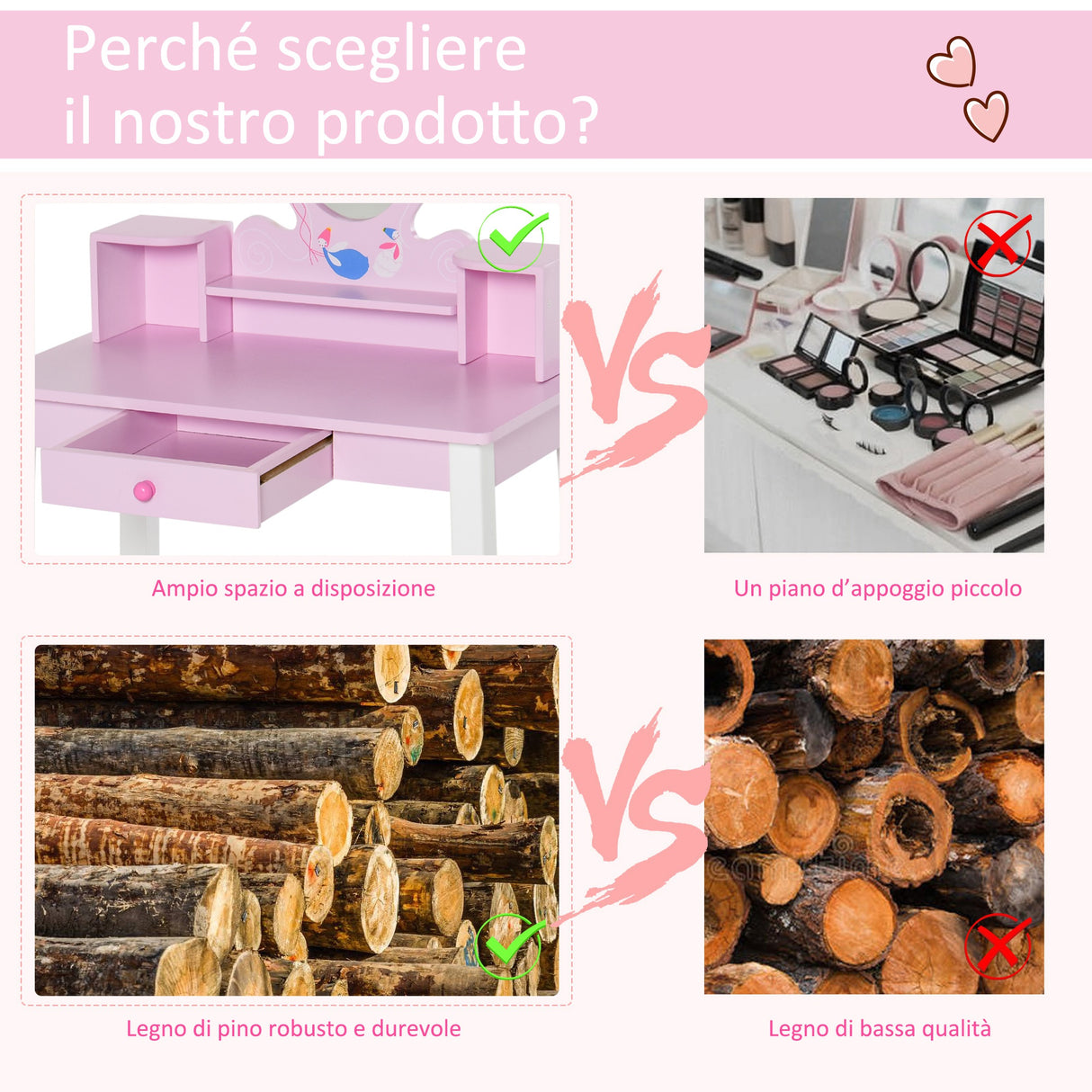 easycomfort easycomfort toeletta per bambine 3 anni in legno set tavolo da trucco giocattolo con specchio e sgabello rosa