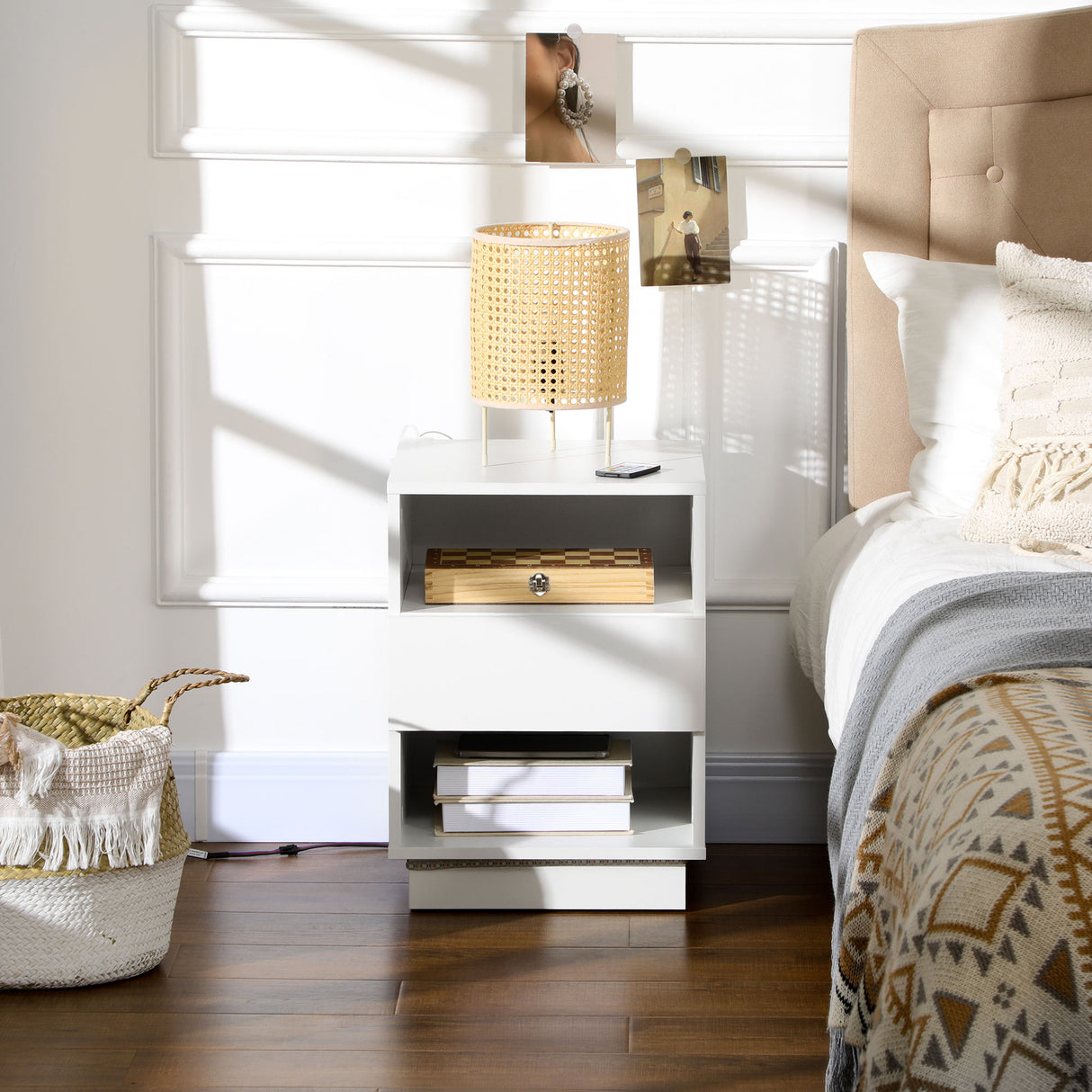 easycomfort easycomfort comodini moderni con led set 2 pezzi in truciolato bianco con cassetto e 2 ripiani aperti 40x40x55 cm