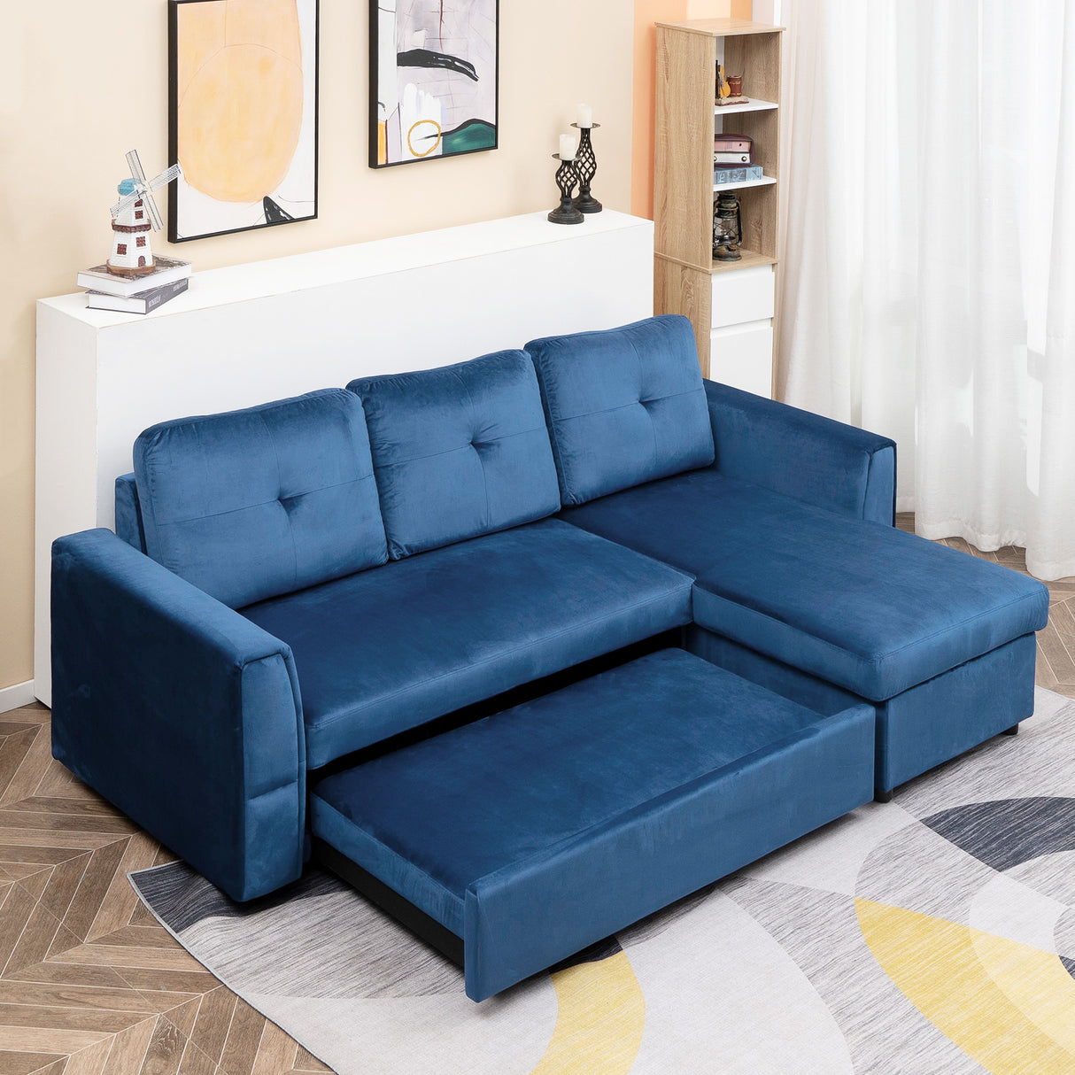 easycomfort easycomfort divano letto angolare 3 posti effetto velluto e chaise longue con contenitore 232x141x85cm blu