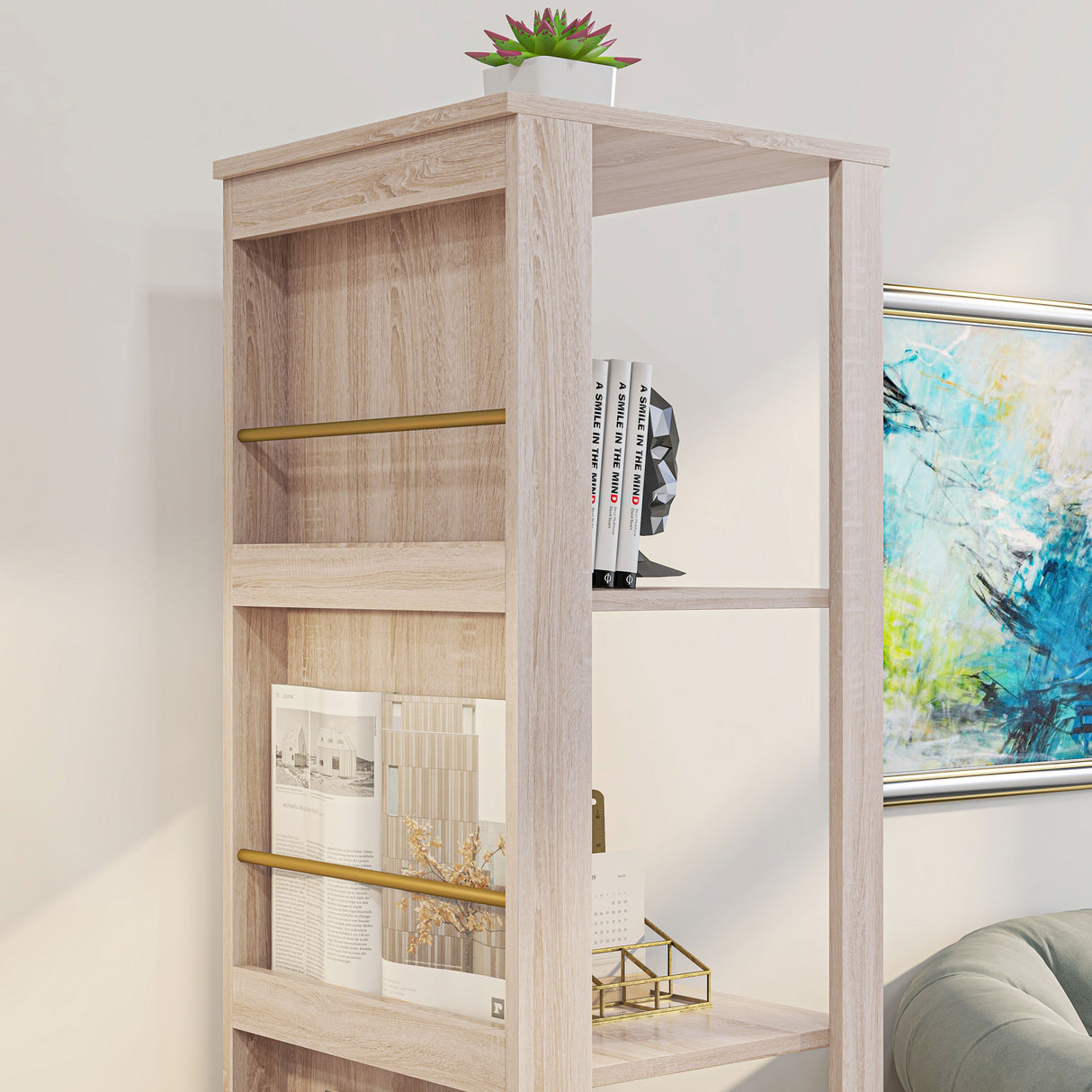 immagine-9-easycomfort-easycomfort-libreria-portariviste-moderna-a-4-ripiani-in-legno-con-rotelle-40x40x150cm-quercia