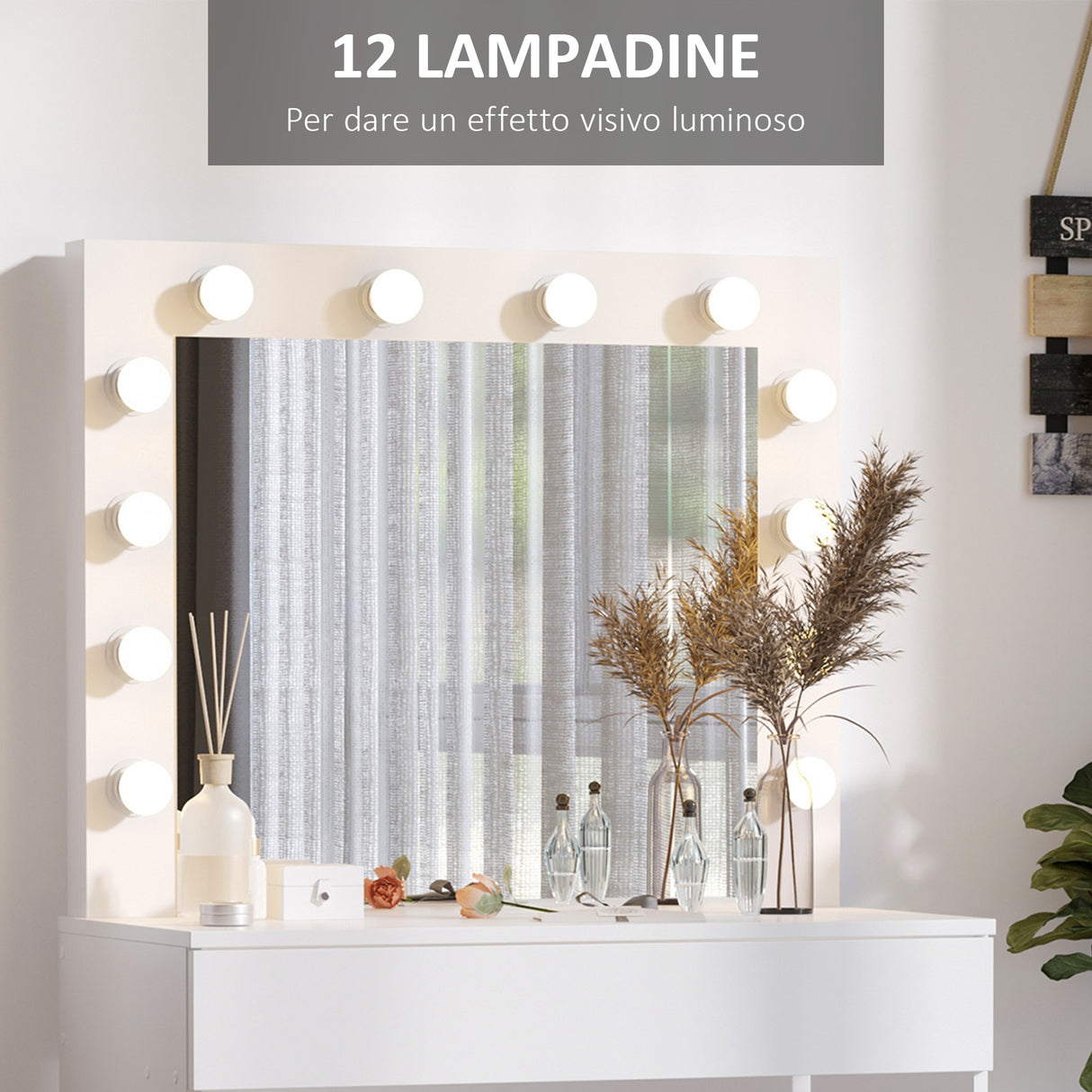 easycomfort easycomfort set tavolo da trucco toeletta con specchio 12 luci led sgabello imbottito e ampio cassetto in legno 80x40x140 cm bianco