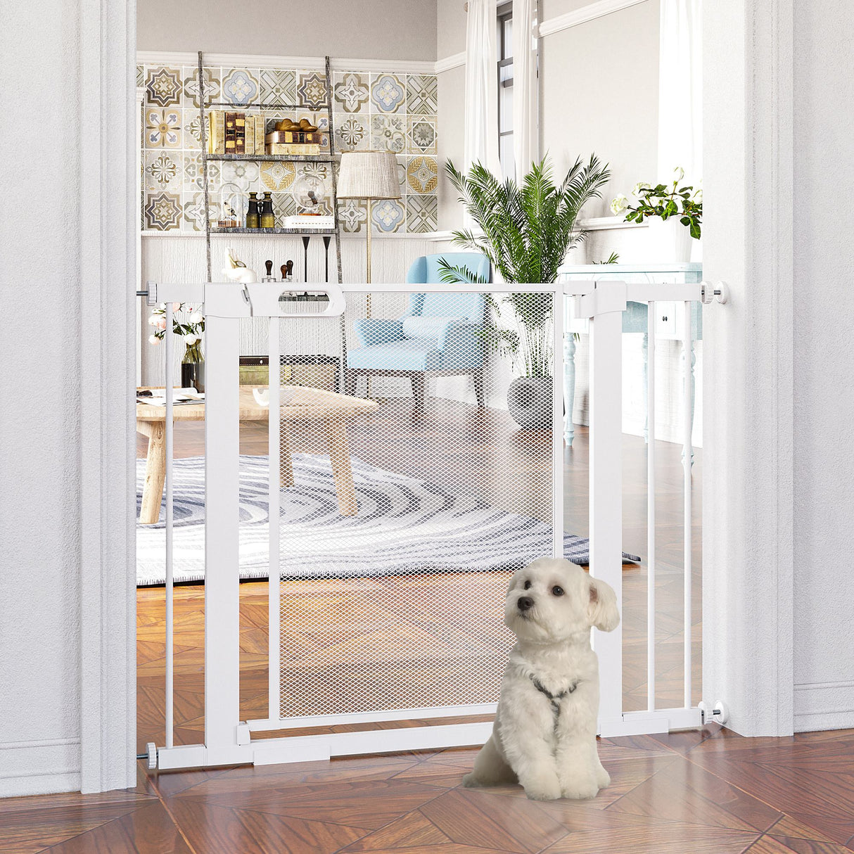 immagine-2-easycomfort-easycomfort-cancellino-per-cani-estensibile-a-pressione-con-chiusura-automatica-per-spazi-da-75-103cm-bianco