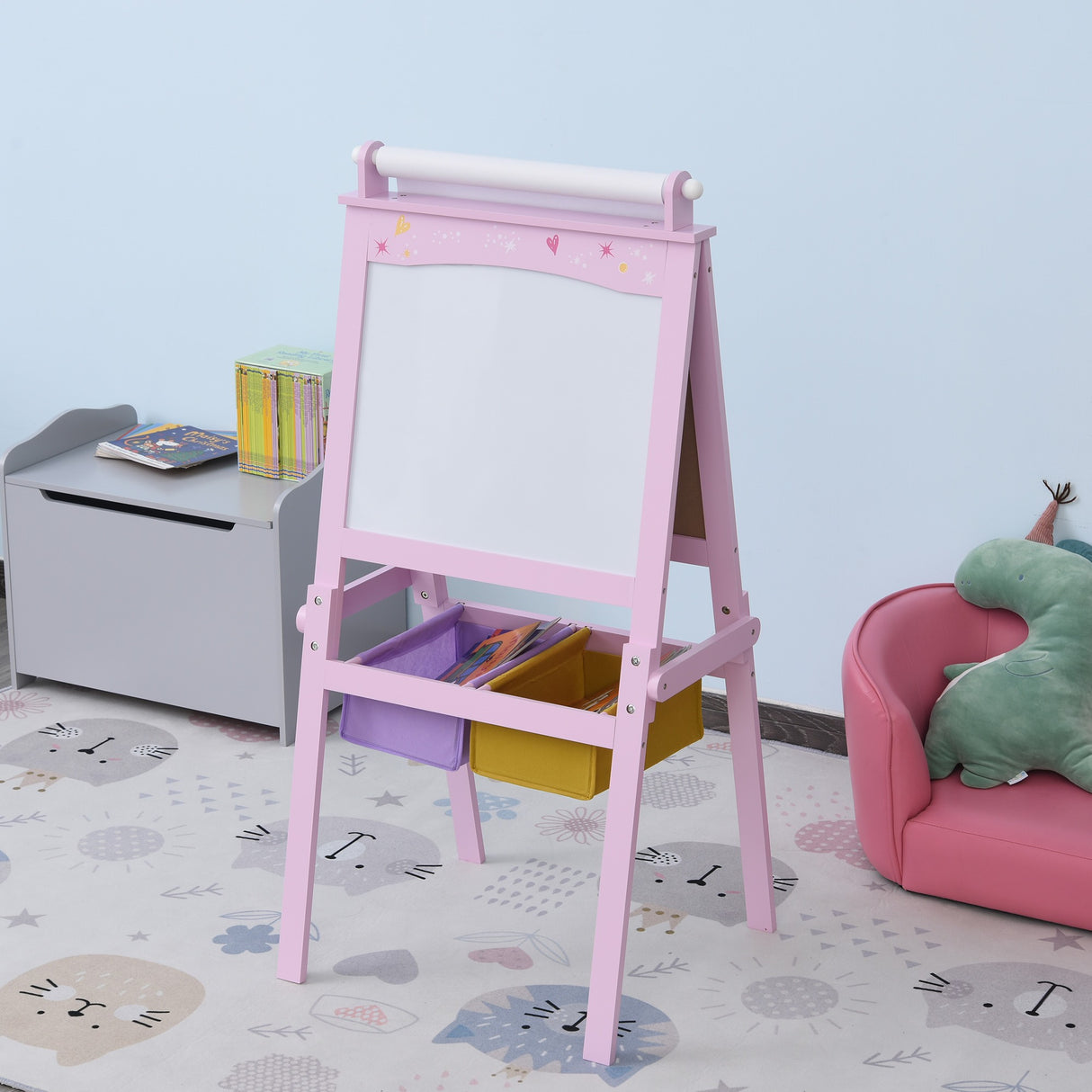 immagine-2-easycomfort-easycomfort-lavagnetta-con-cavalletto-per-bambini-3-in-1-e-con-rullo-fogli-di-carta-in-legno-rosa