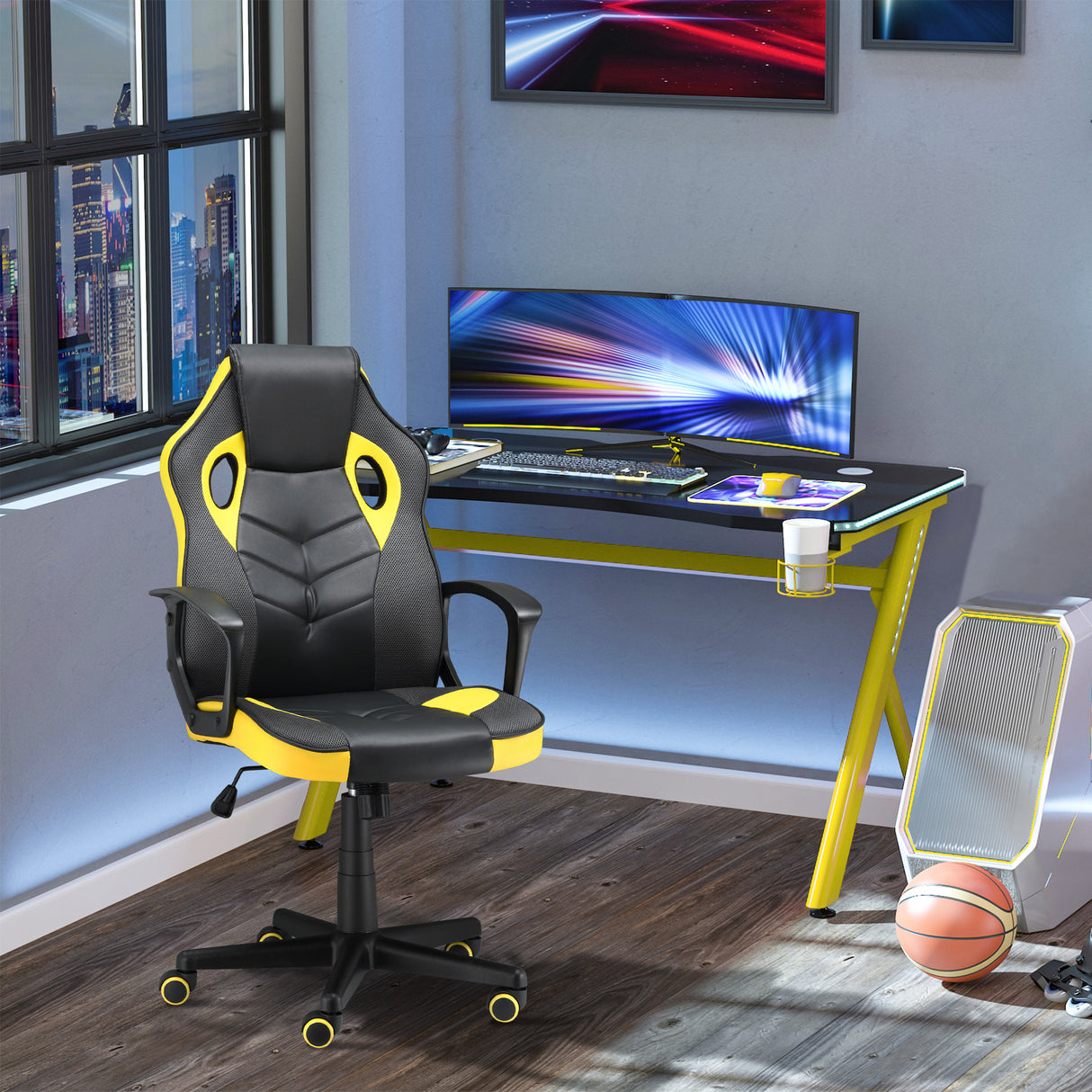 immagine-2-easycomfort-easycomfort-sedia-gaming-ergonomica-poltrona-da-ufficio-girevole-con-rotelle-in-similpelle-nera-e-gialla-altezza-regolabile