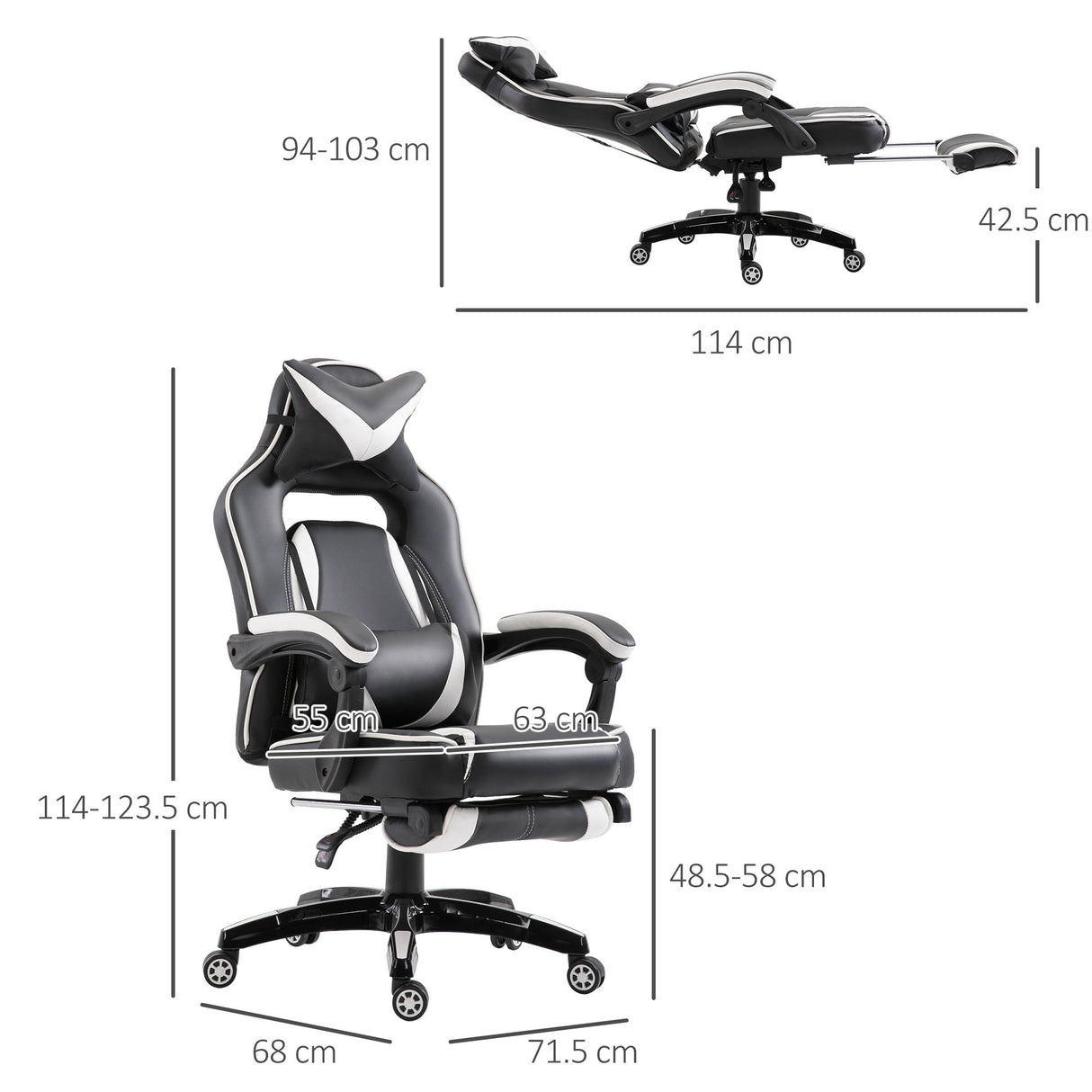 immagine-3-easycomfort-easycomfort-sedia-ufficio-gaming-economica-poltrona-reclinabile-con-poggiapiedi-regolabile-in-altezza-rotelle-tessuto-65-64-114-123-5cm-bianco-ean-8055776916033