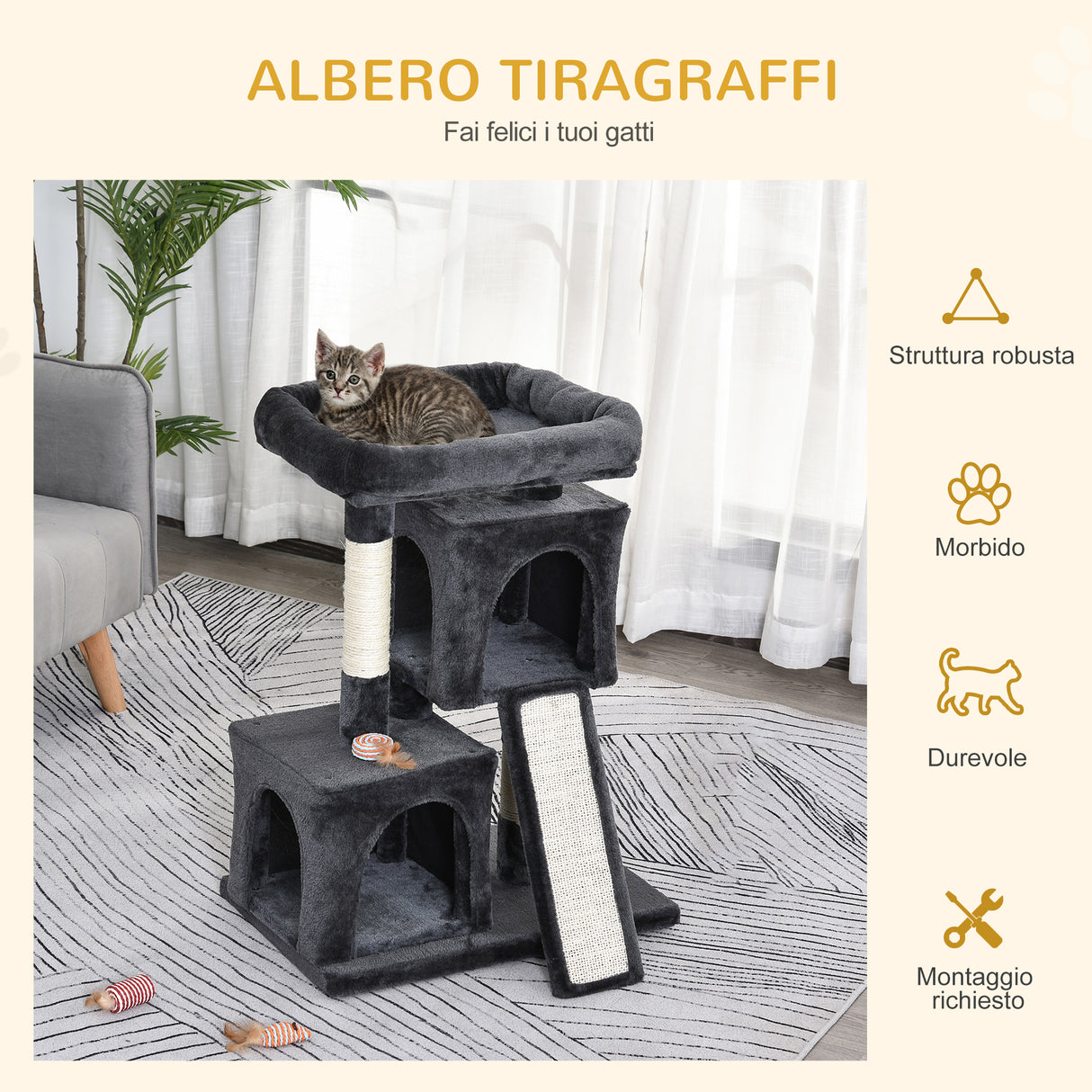 immagine-4-easycomfort-easycomfort-albero-tiragraffi-per-gatti-con-pali-in-sisal-lettino-e-2-casette-59x39x83cm-grigio-scuro