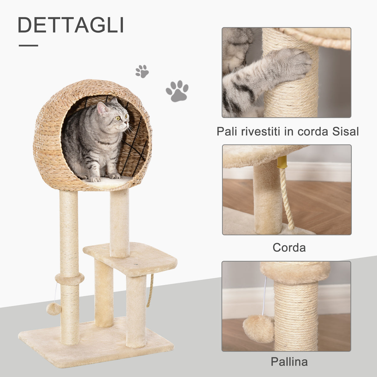 immagine-6-easycomfort-easycomfort-albero-tiragraffi-per-gatti-fino-a-5kg-con-cuccia-e-rivestimento-in-peluche-48x40x100cm-beige-ean-8054144137827